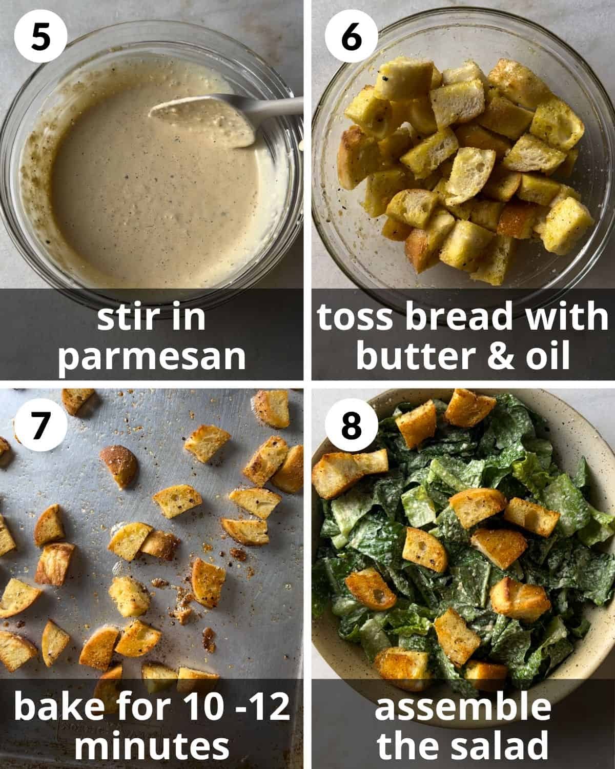 A 4 photo collage showing the final assembly of caesar salad.
