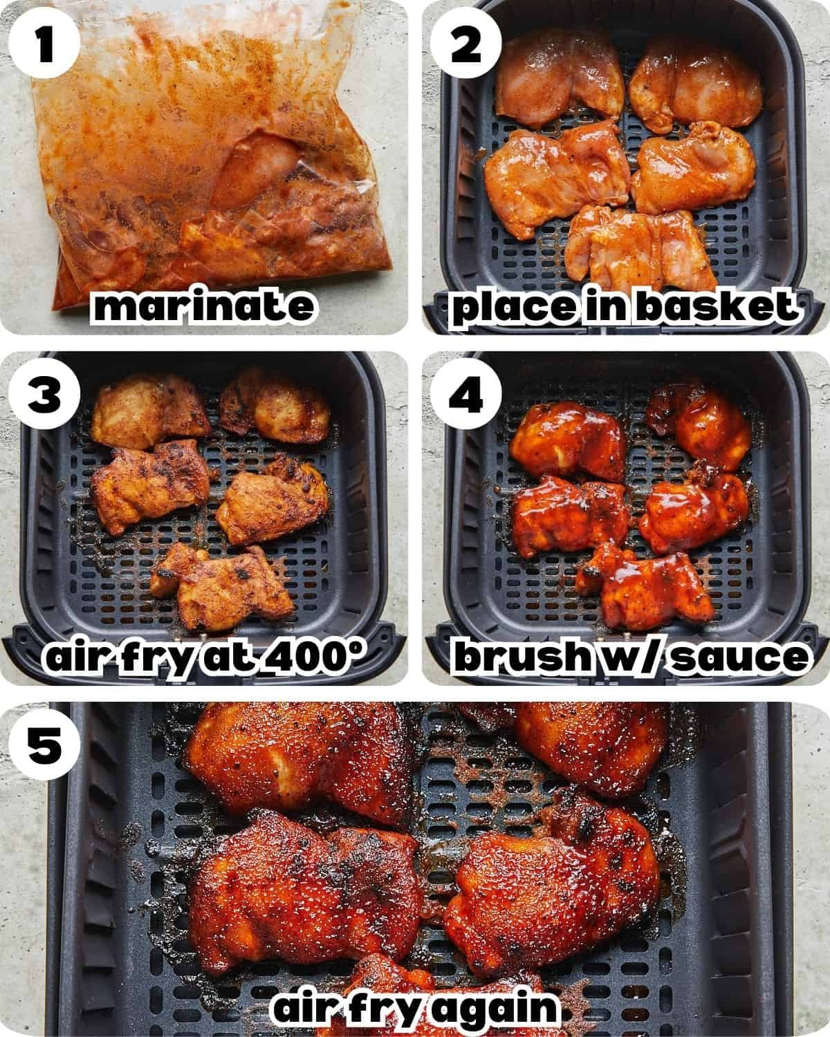 A five photo collage showing the steps for air fryer bbq chicken thighs.
