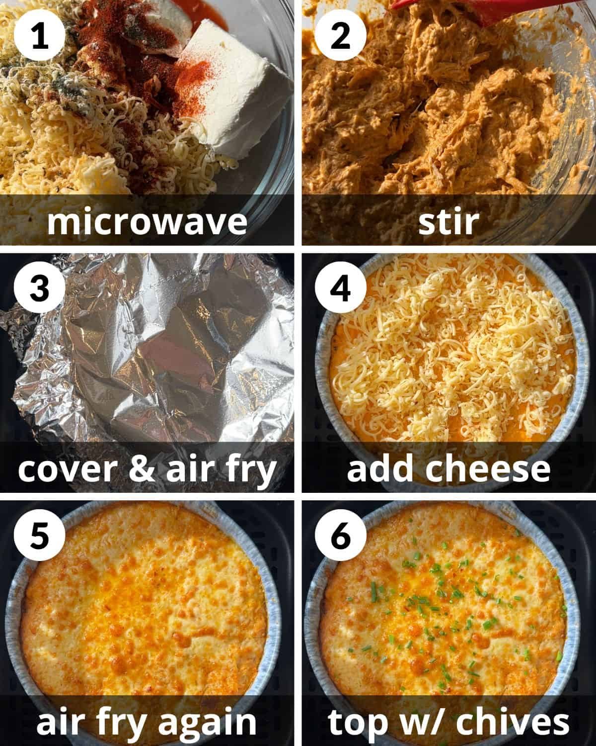 A 6 photo collage showing the assembly of air fryer buffalo chicken dip.