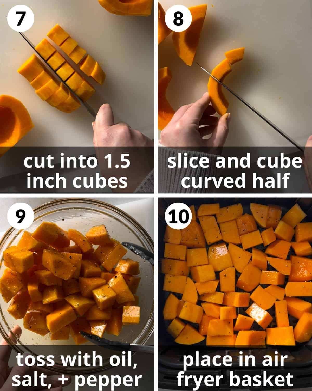 A 4 photo collage showing how to cut and prepare butternut squash for air fryer.