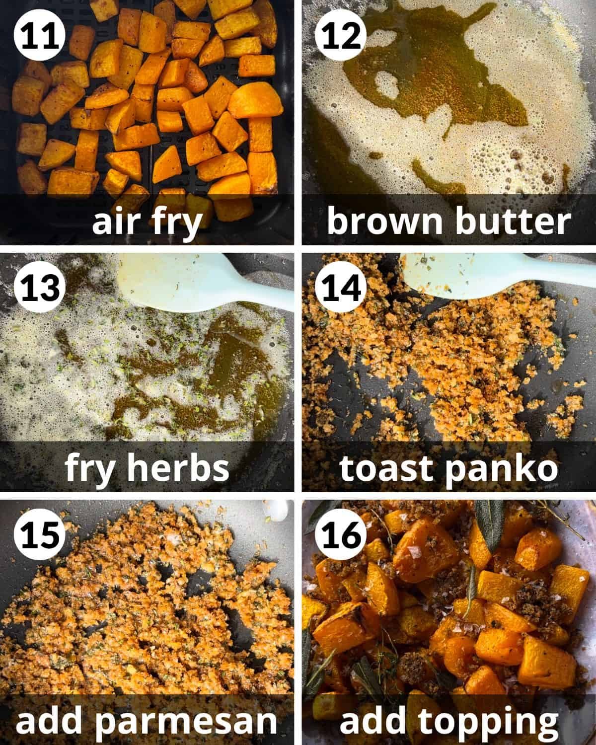 A 6 photo collage showing the final assembly of air fryer butternut squash.