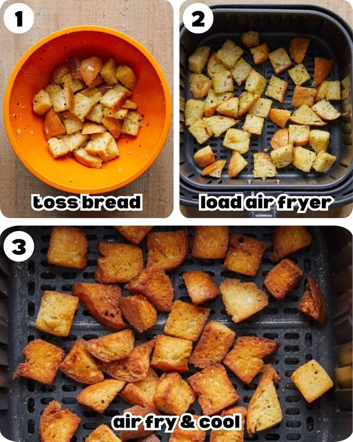 A three photo collage showing the steps for air fryer croutons.