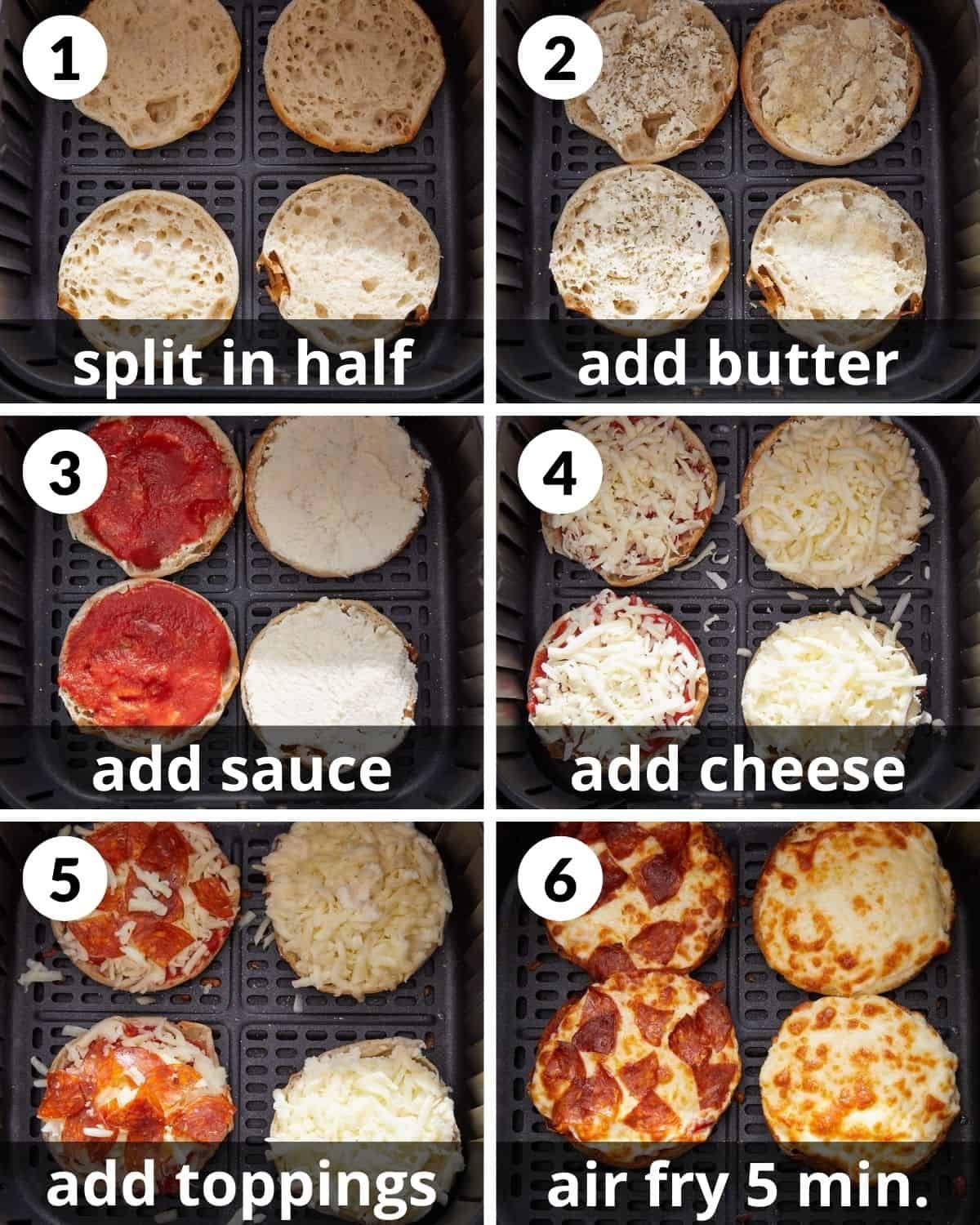 A 6 photo collage showing the assembly of air fryer english muffin pizzas.