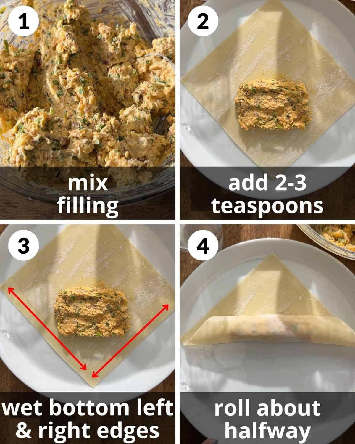 A four image collage showing the beginning assembly of jalapeno popper egg rolls.