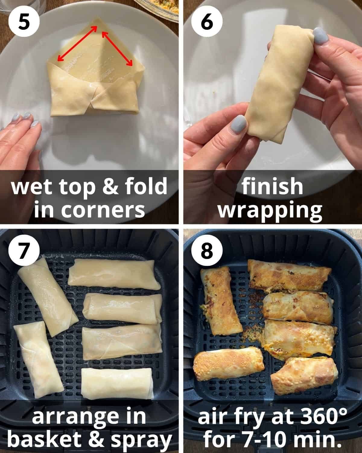 A four photo collage showing the final assembly of jalapeno popper egg rolls.
