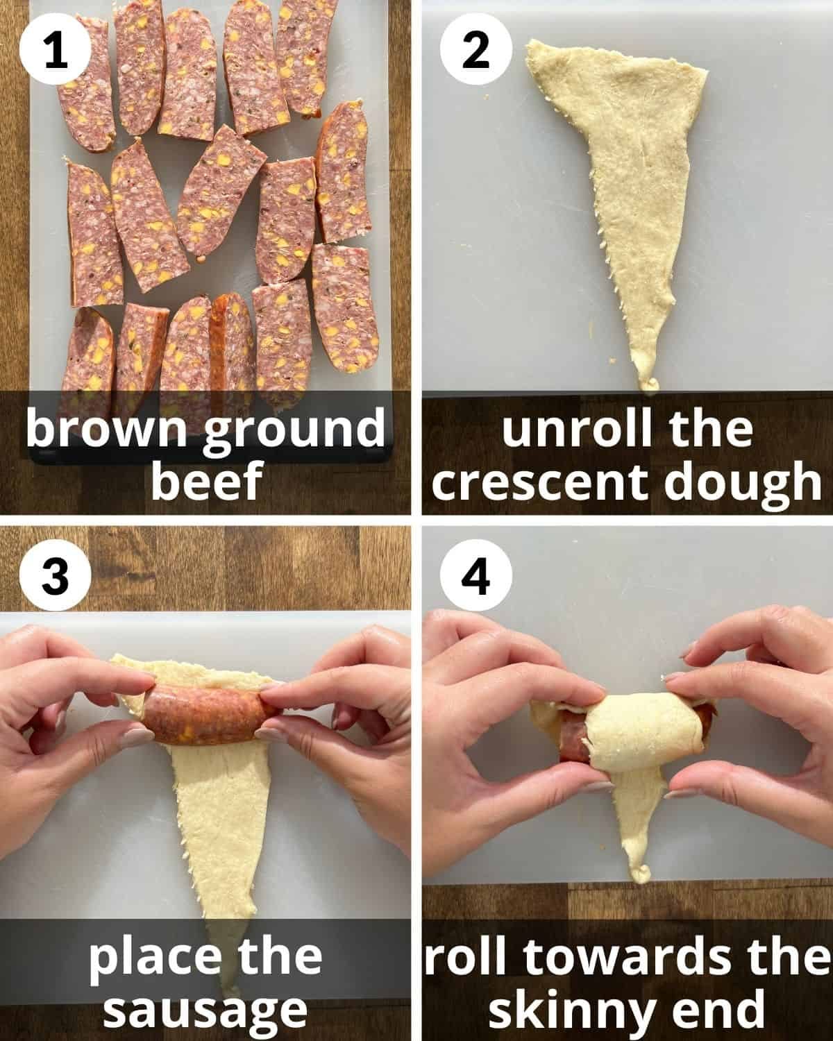 A 4 photo collage showing the beginning assembly of air fryer pigs in a blanket.