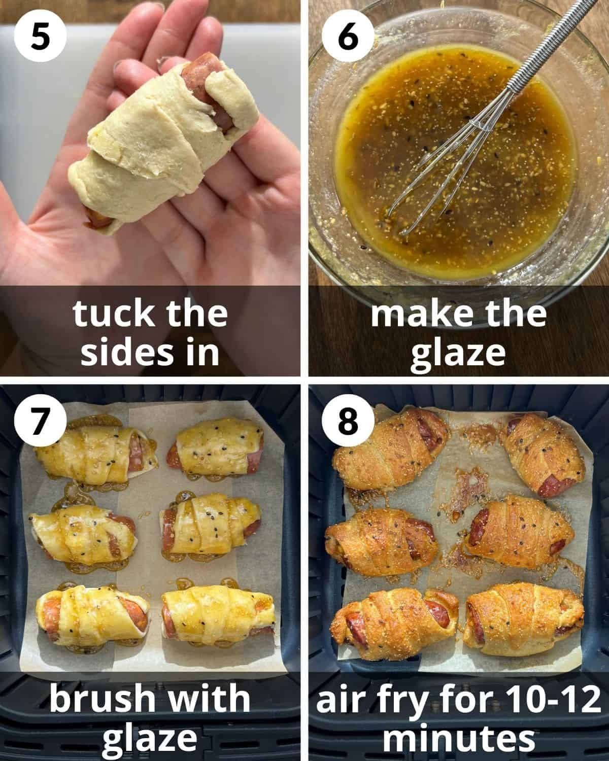 A 4 photo collage showing the final assembly of pigs in a blanket.
