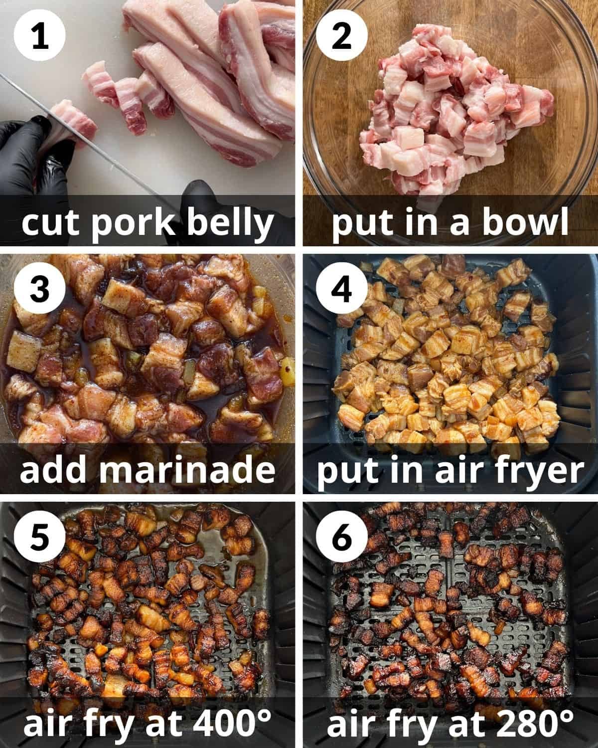 A 6 photo collage showing the assembly of air fryer pork belly bites recipe.