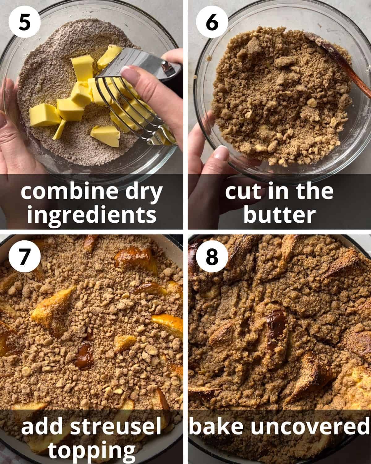 A 4 photo collage showing the assembly of brioche french toast casserole.