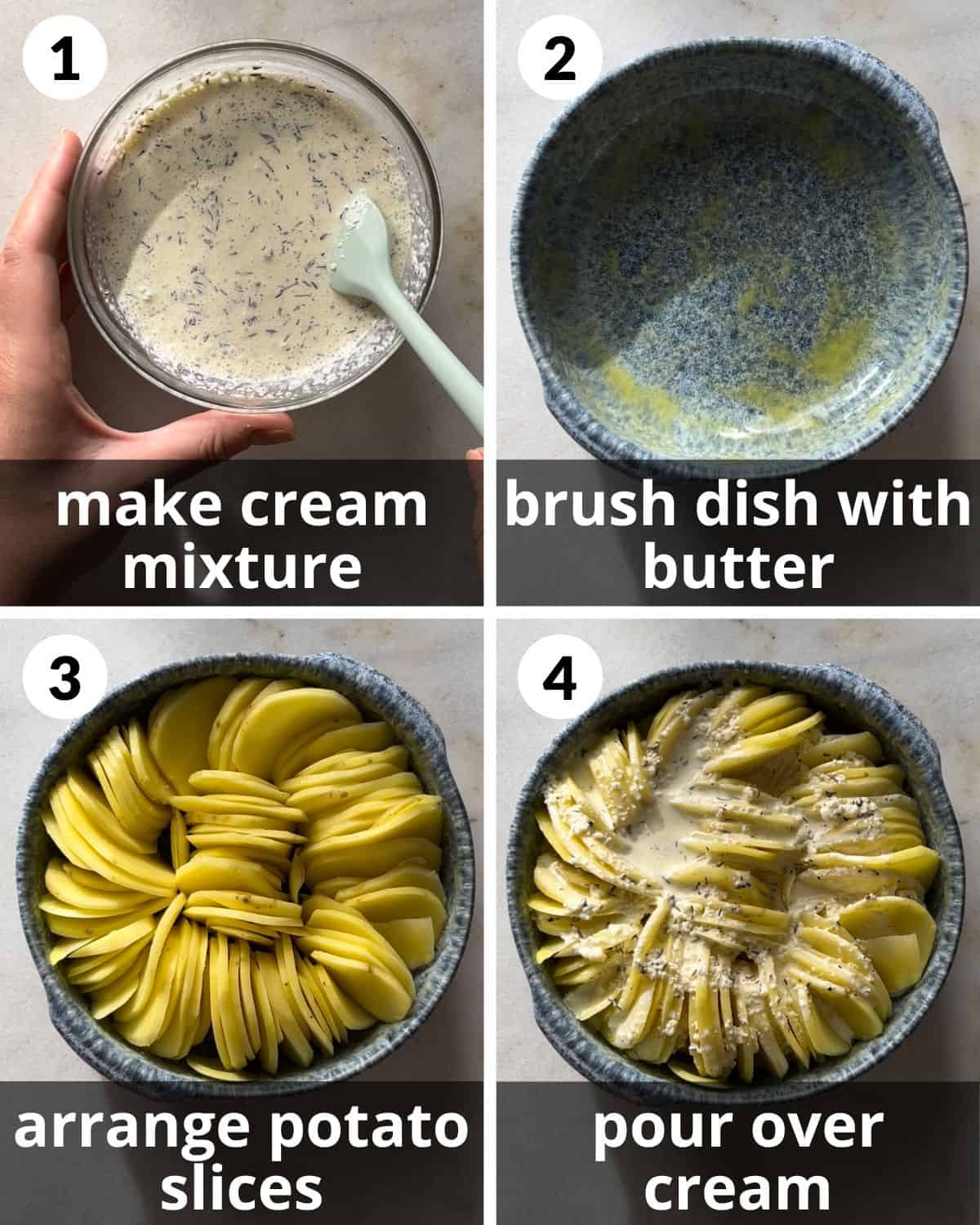 A 4 photo collage showing how to assemble the scalloped potato casserole.
