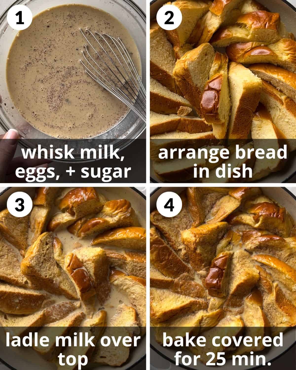 A 4 photo collage showing the assembly of brioche for brioche french toast casserole.
