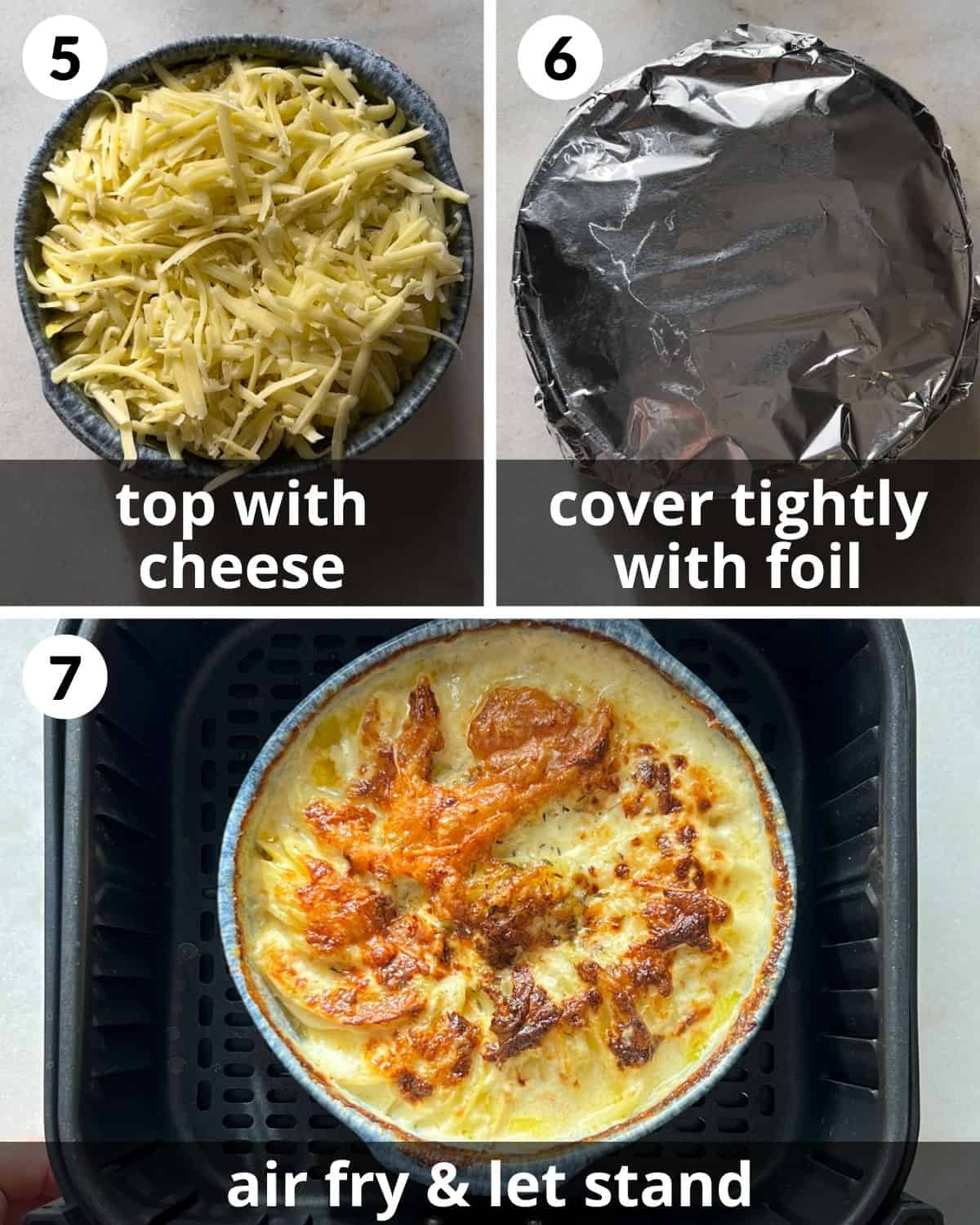 A 3 photo collage showing how to air fryer the scalloped potatoes.