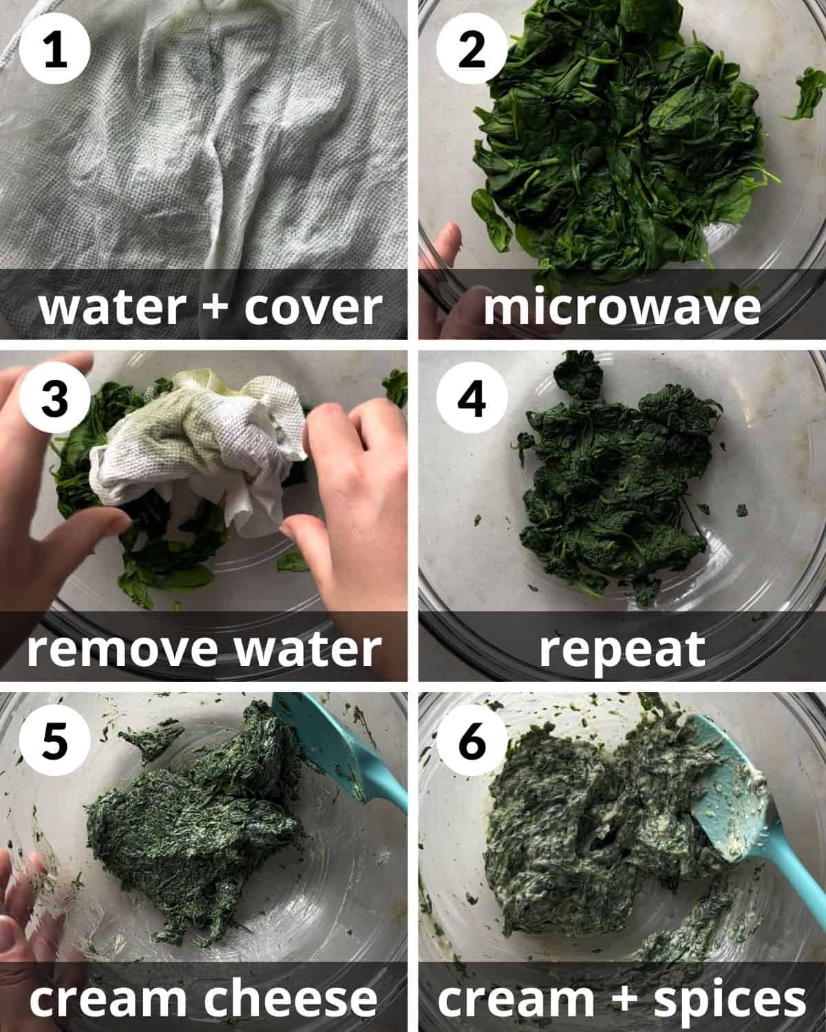 A 6 photo collage showing the assembly of air fryer spinach dip.