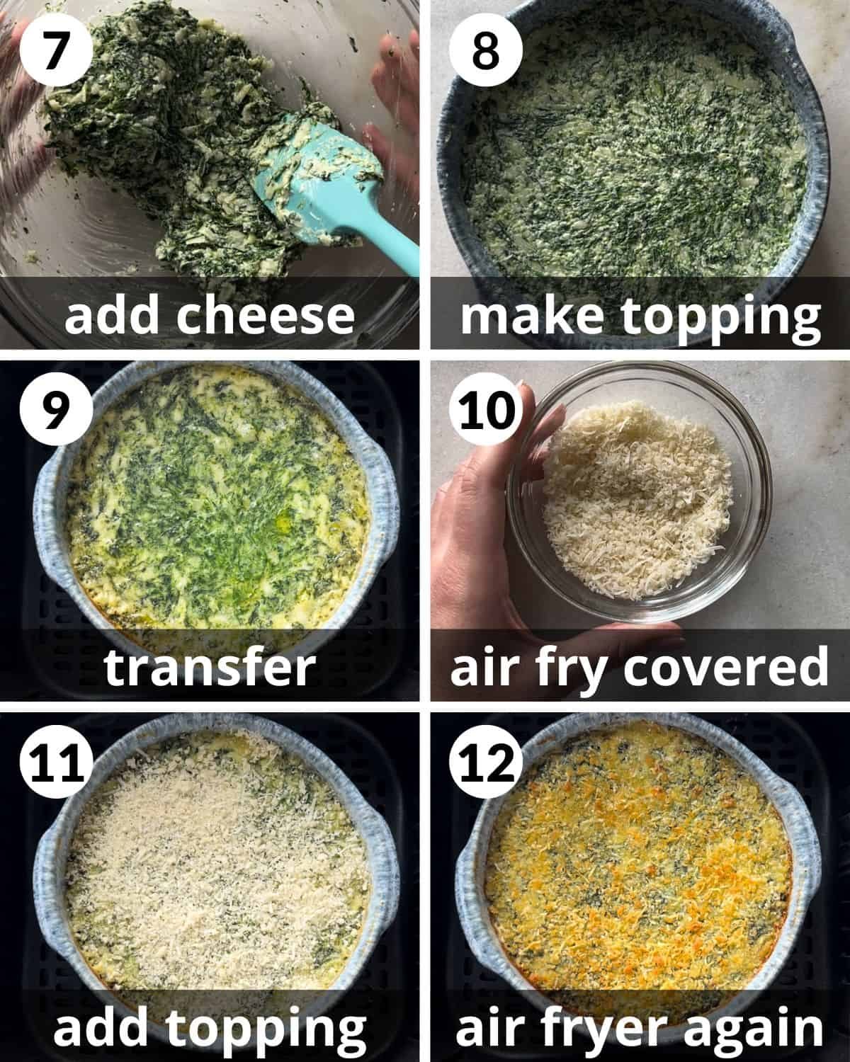 A 6 photo collage showing the final assembly of air fryer spinach dipl