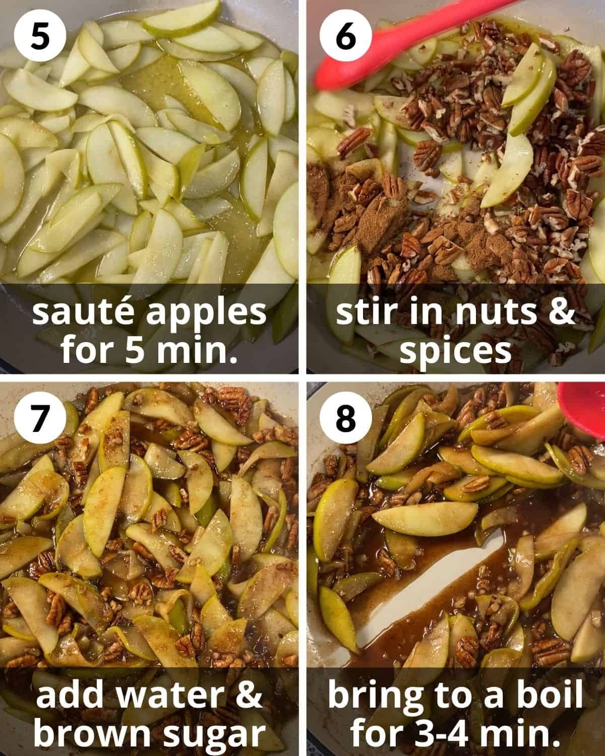 A 4 photo collage showing cooking the apples, nuts, and spices.