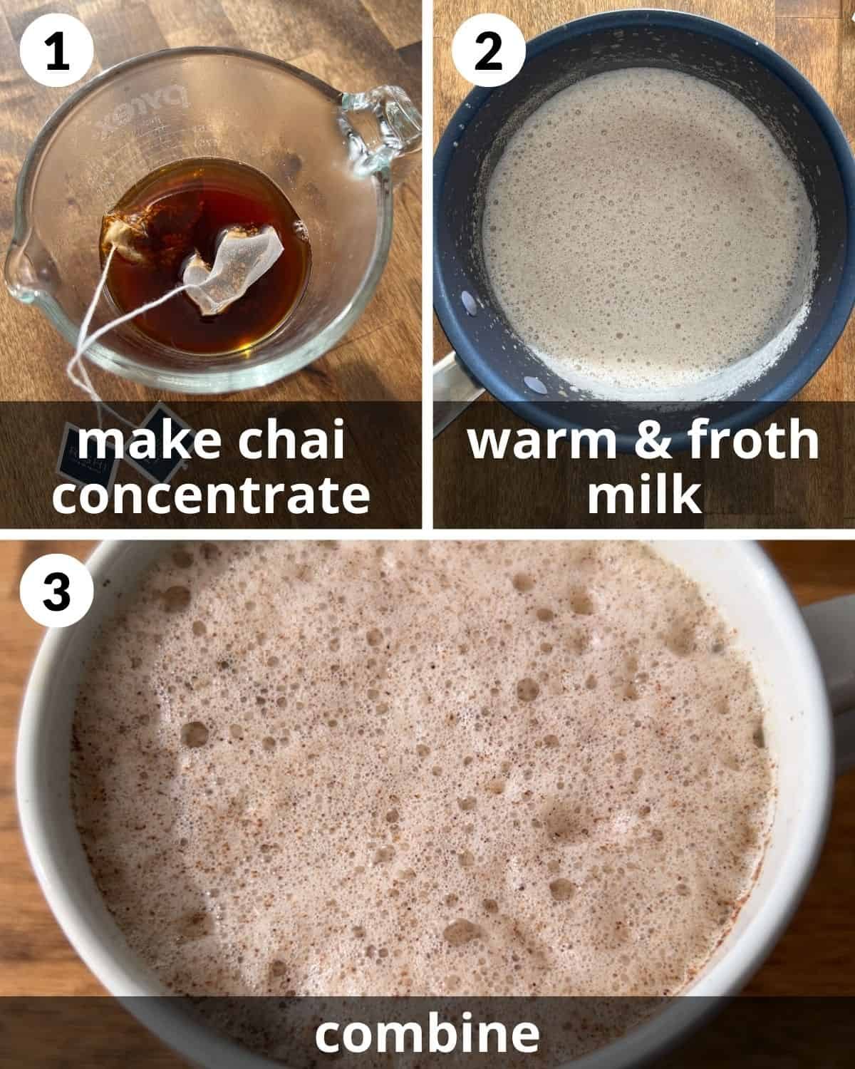 A 3 photo collage showing the assembly of pumpkin spice chai latte.