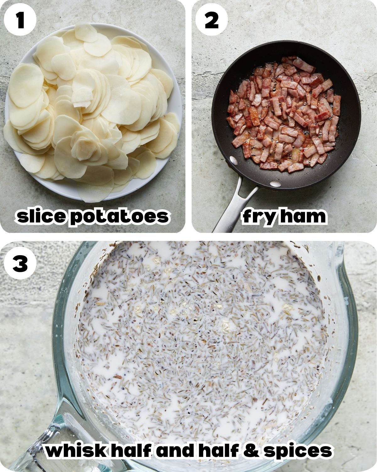A three photo collage showing the beginning steps for au gratin potatoes with ham.