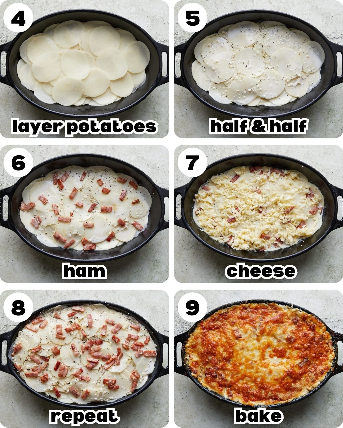 A 6 photo collage showing the final steps for au gratin potatoes with ham.