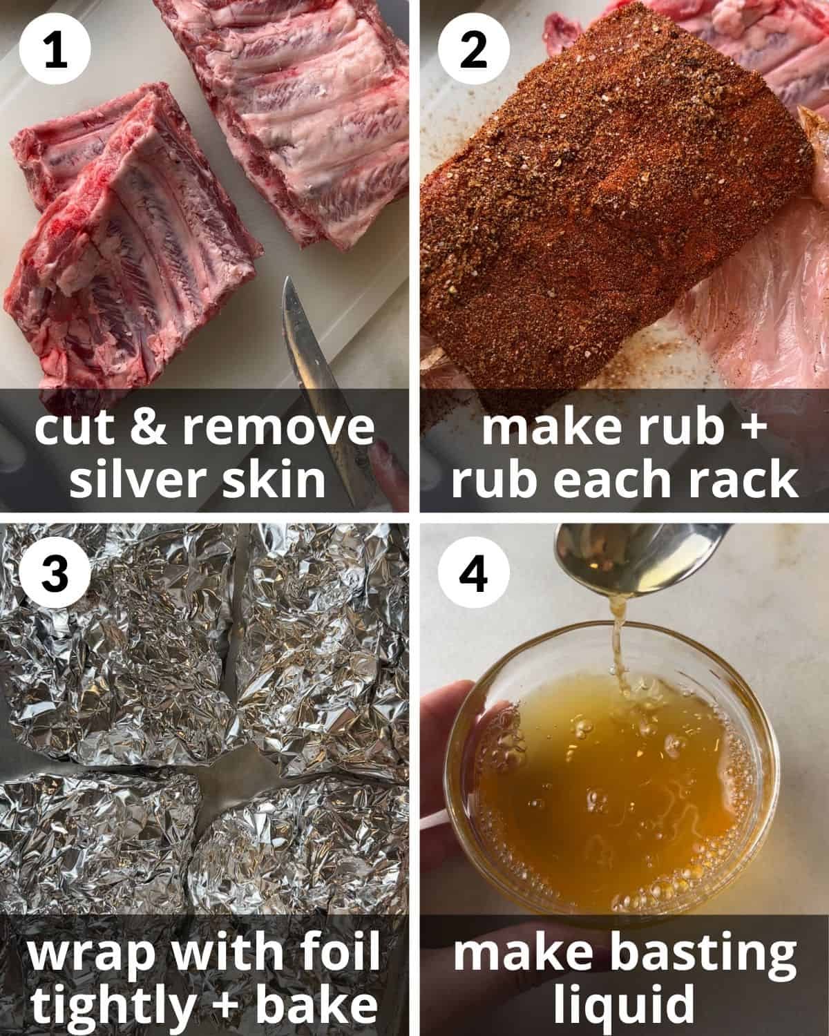 A 4 photo collage showing the assembly of baby back ribs.