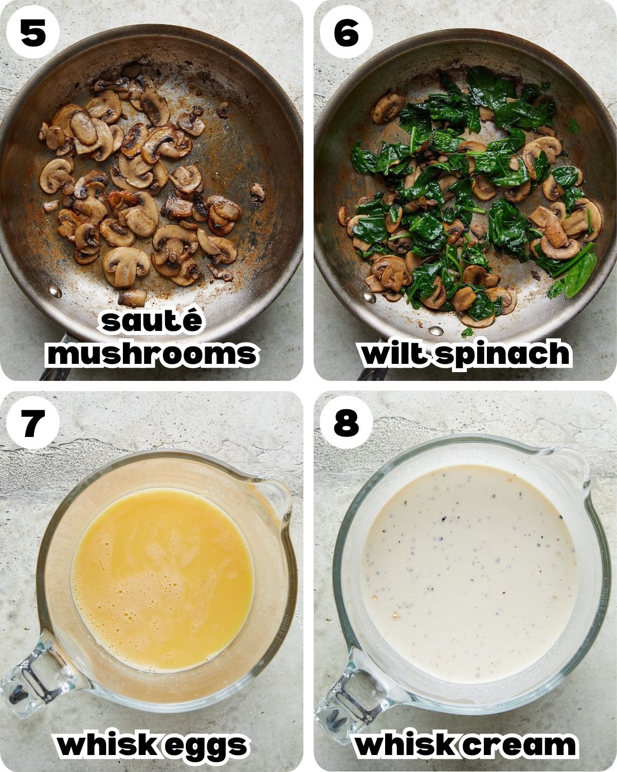 Four photo collage showing more assembly steps for bacon mushroom spinach quiche, including sautéing mushrooms, whisking eggs and cream, wilting spinach, and preparing the savory quiche filling.