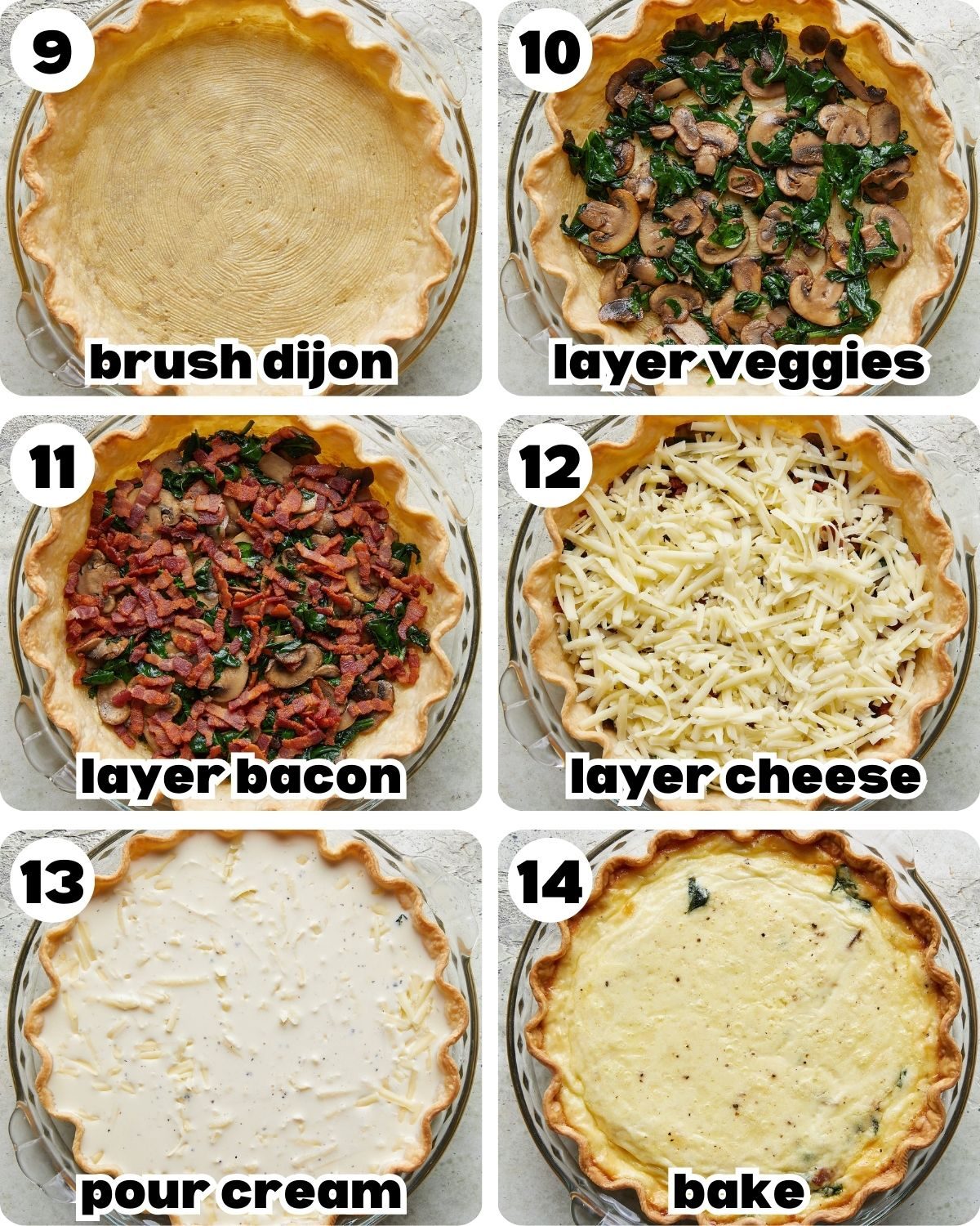 Six photo collage showing the final steps of making bacon mushroom spinach quiche, including layering bacon, mushrooms, spinach, and cheese into the crust, pouring over the egg mixture, and baking until golden brown.
