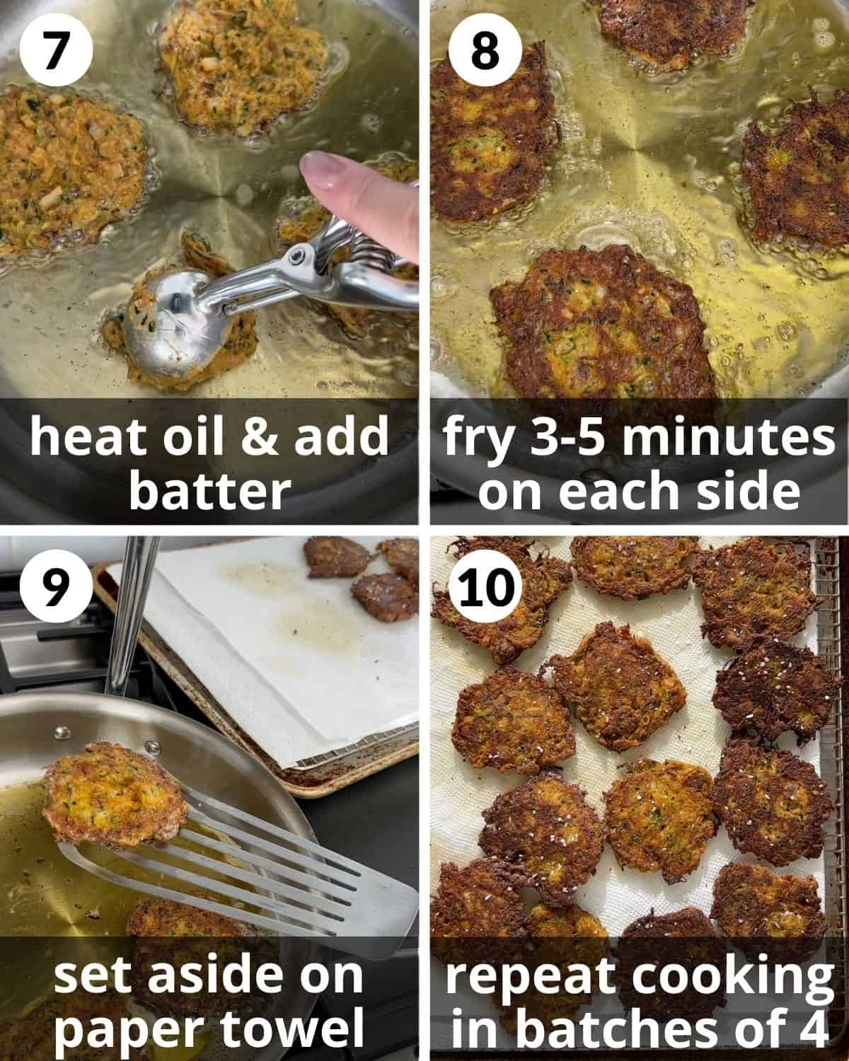A 4 photo collage showing the final assembly of bacon zucchini fritters.