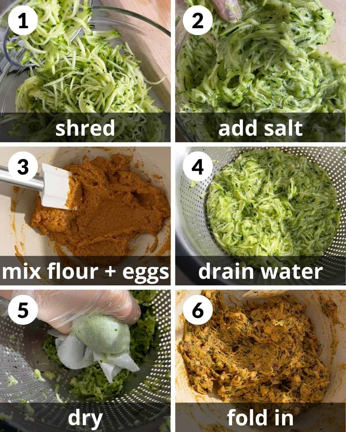 A 6 photo collage showing the assembly of bacon zucchini fritters.