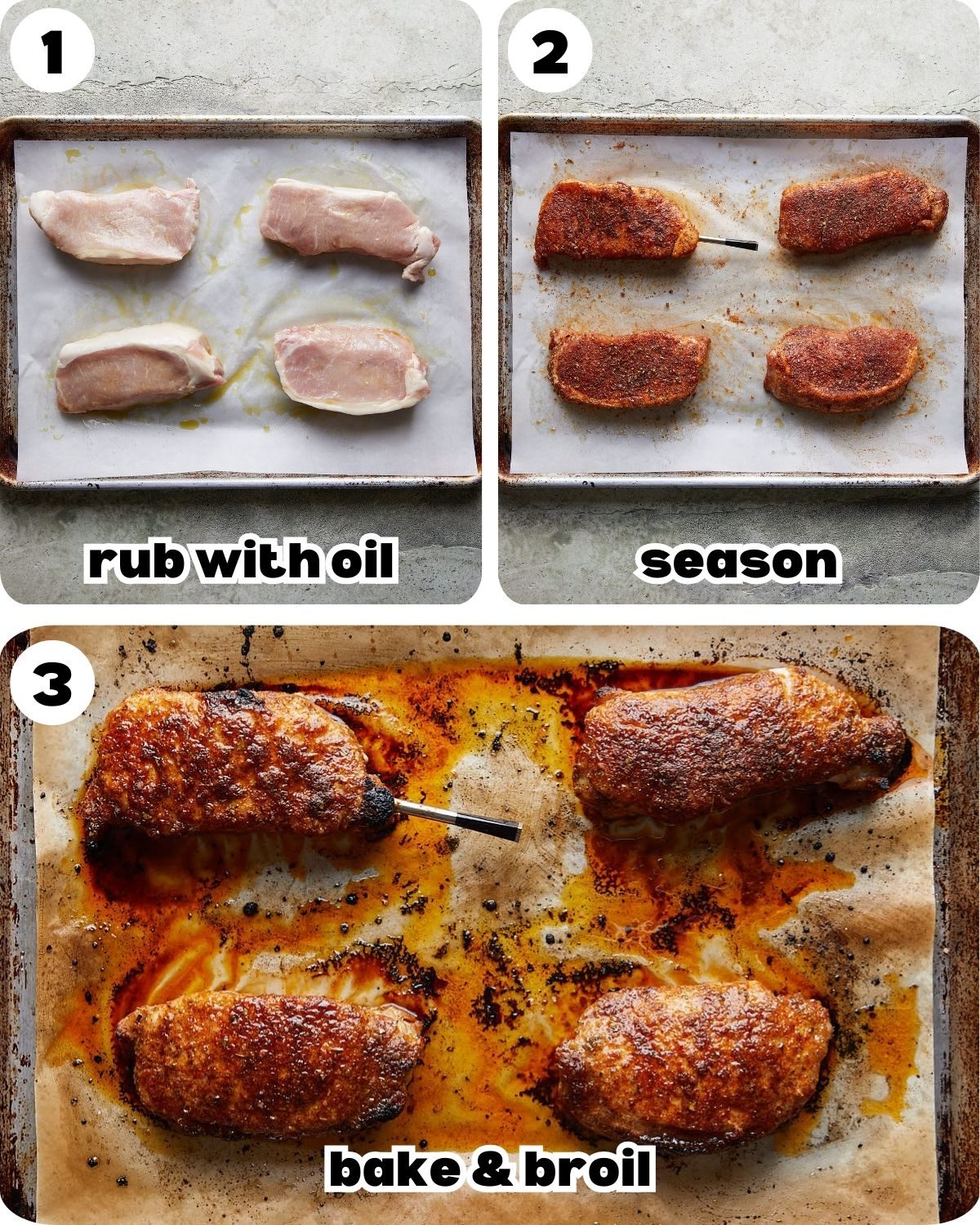 A three photo collage showing the first steps for oven baked boneless pork chops.