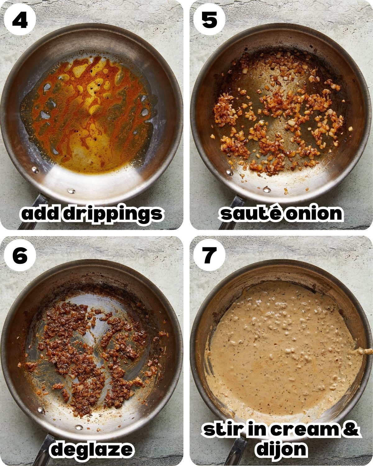 A four photo collage showing the final steps for oven baked boneless pork chops.