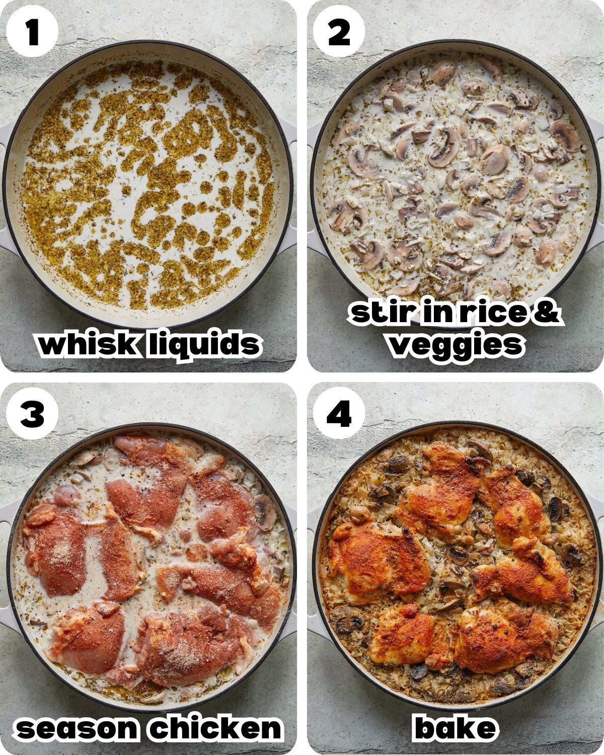 A four photo collage showing the steps for oven baked chicken and rice.
