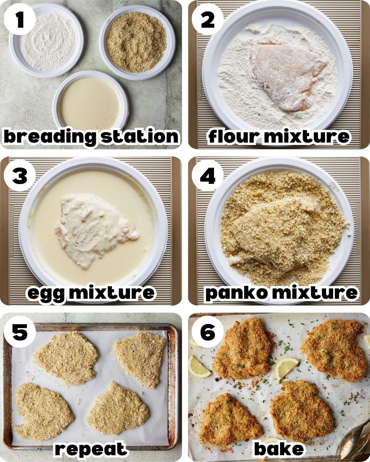 Six-step collage showing the breading station, flour coating, wet coating, panko coating, breaded chicken on a sheet pan, and golden baked chicken cutlets.