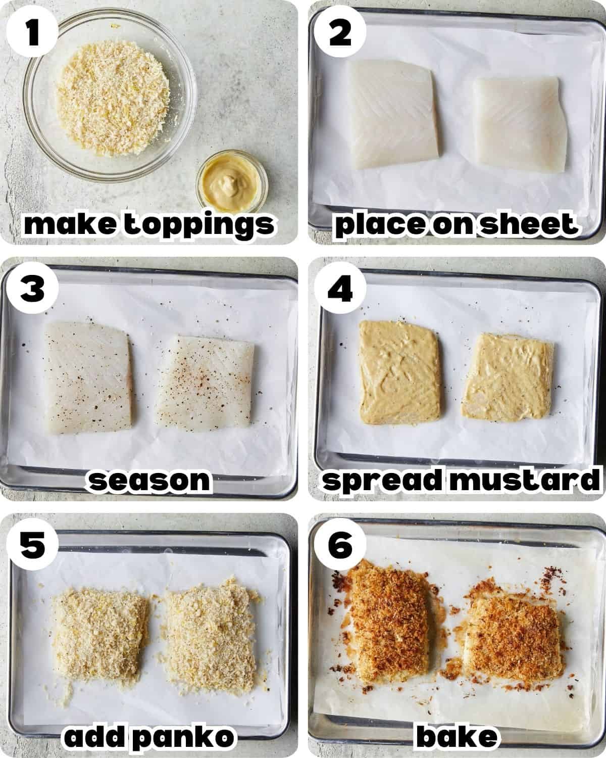 A 6 image collage showing the steps for baked halibut with lemon parmesan panko.