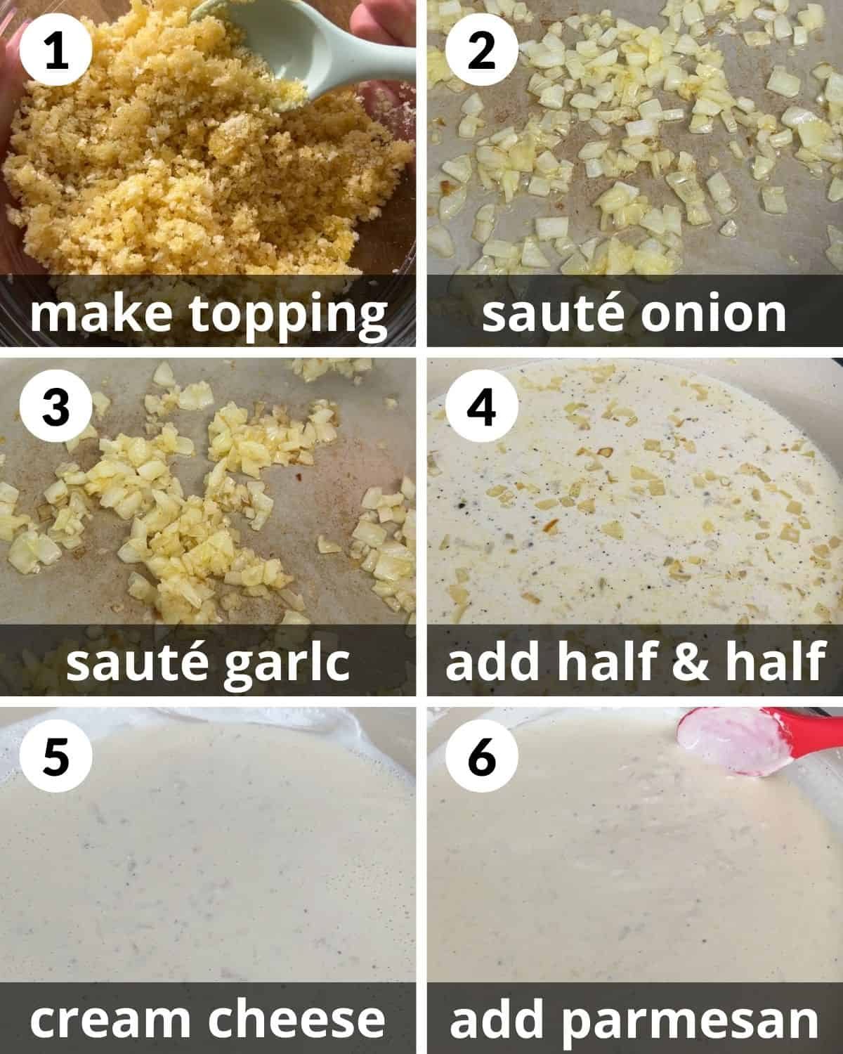 A 6 photo image showing the beginning assembly of baked tortellini alfredo.