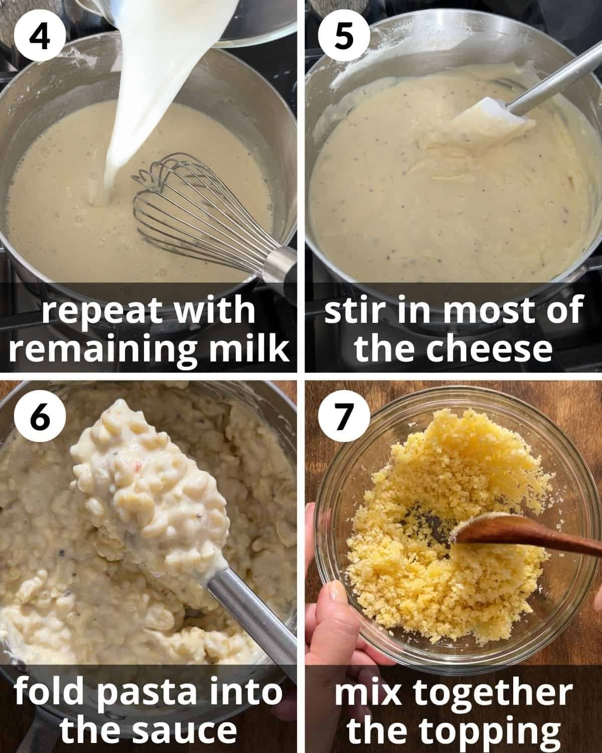 A four photo collage showing further steps to make baked white cheddar mac and cheese.