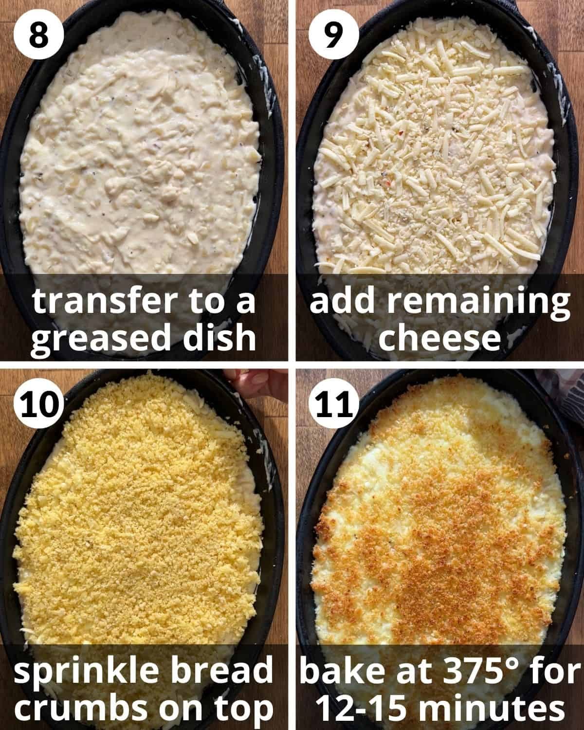 A four photo collage showing final assembly of baked white cheddar mac and cheese.