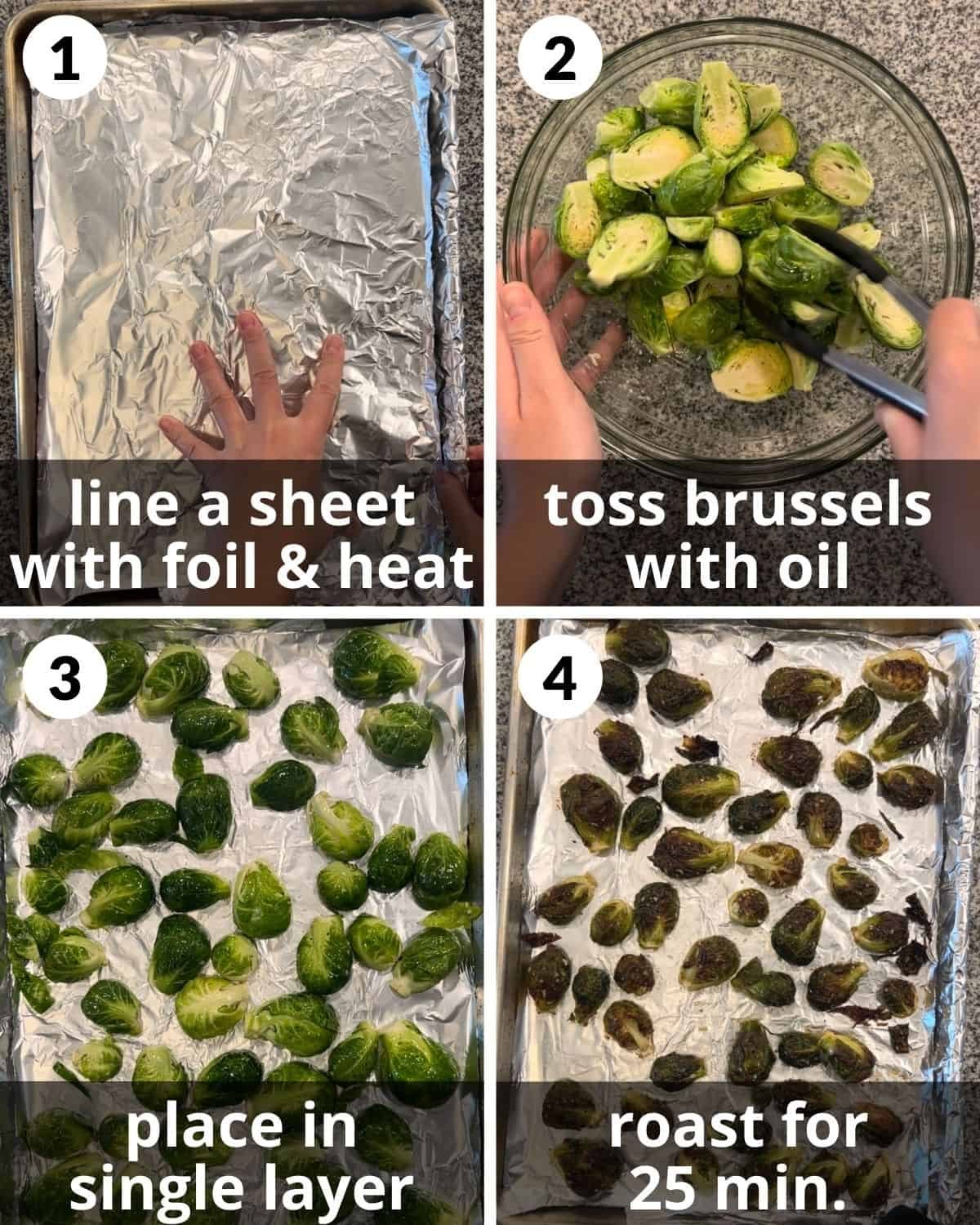 A 4 photo collage showing the beginning steps to make crispy glazed brussels sprouts.