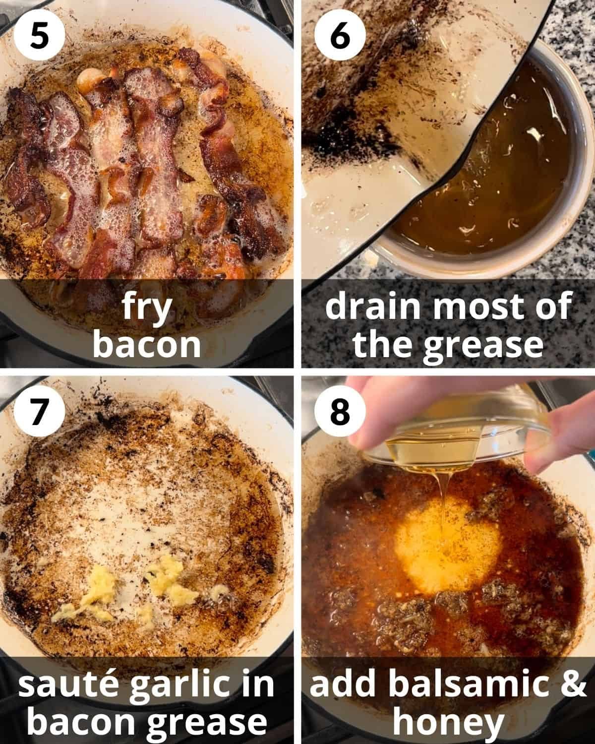 A 4 photo collage showing the middle steps to make crispy glazed brussels sprouts.