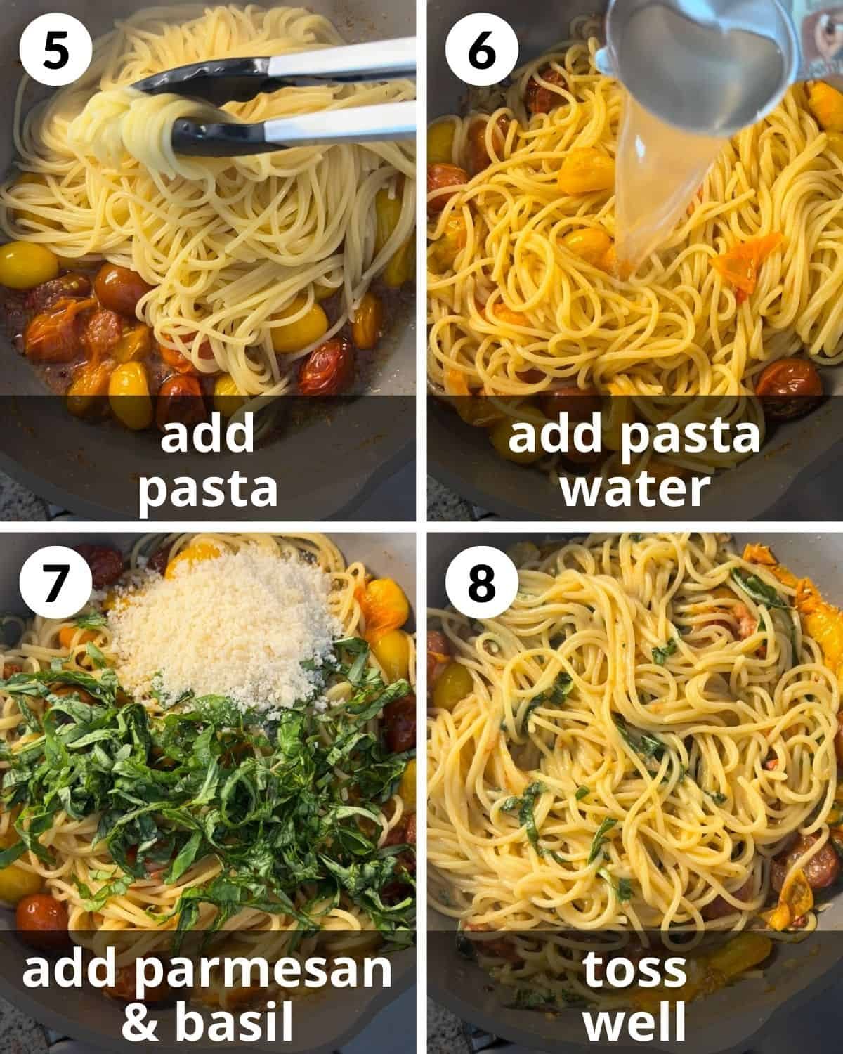 A 4 photo collage showing pasta and basil being added and tossed.