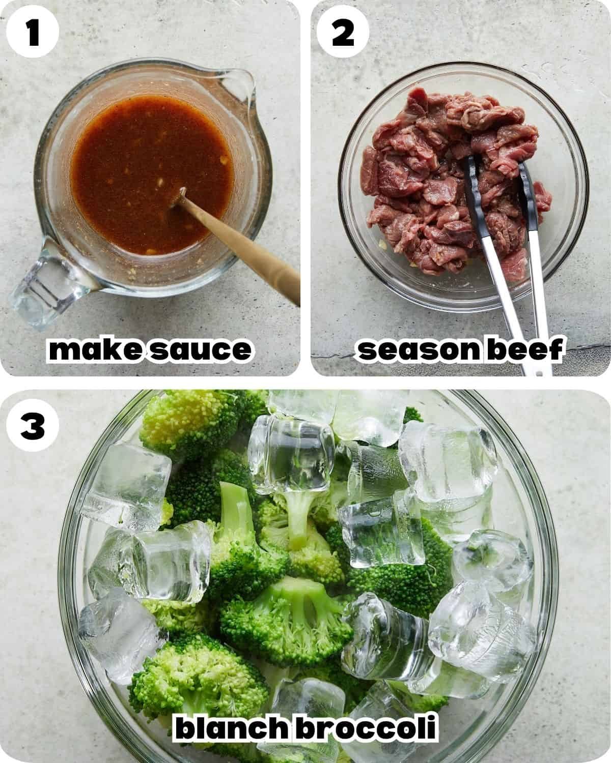 A three photo collage showing the beginning steps for beef and broccoli noodles.
