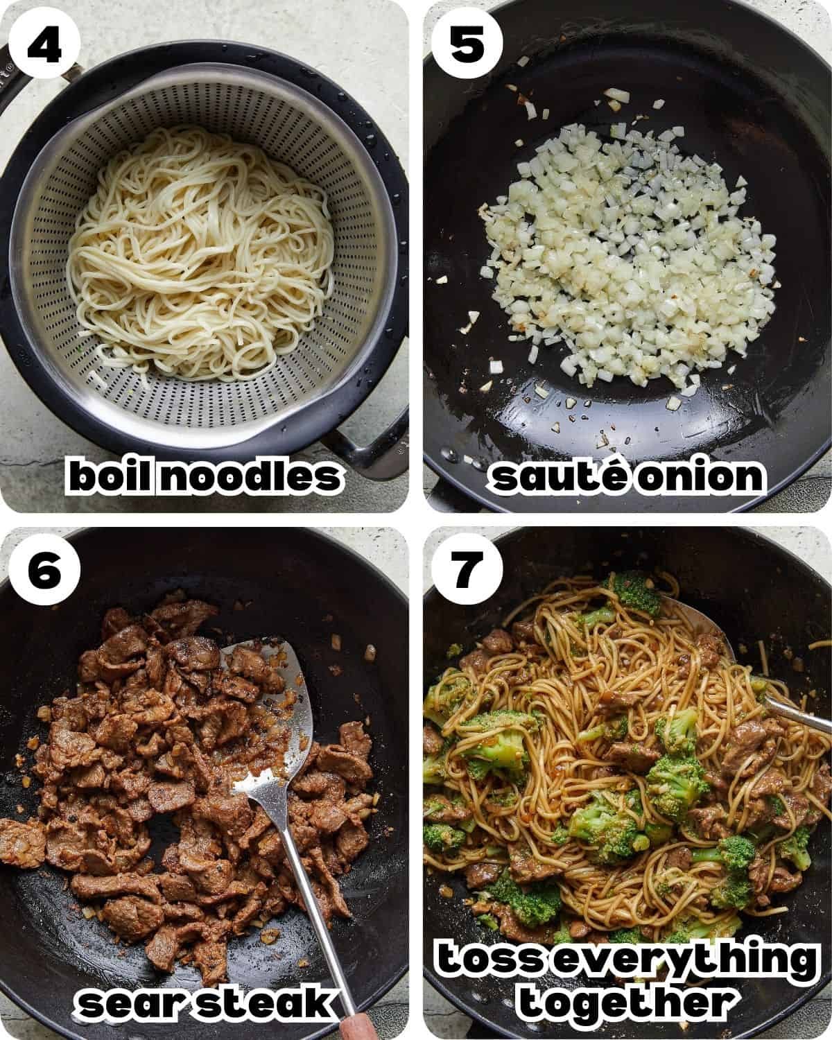 A four photo collage showing the final steps for beef and broccoli noodles.