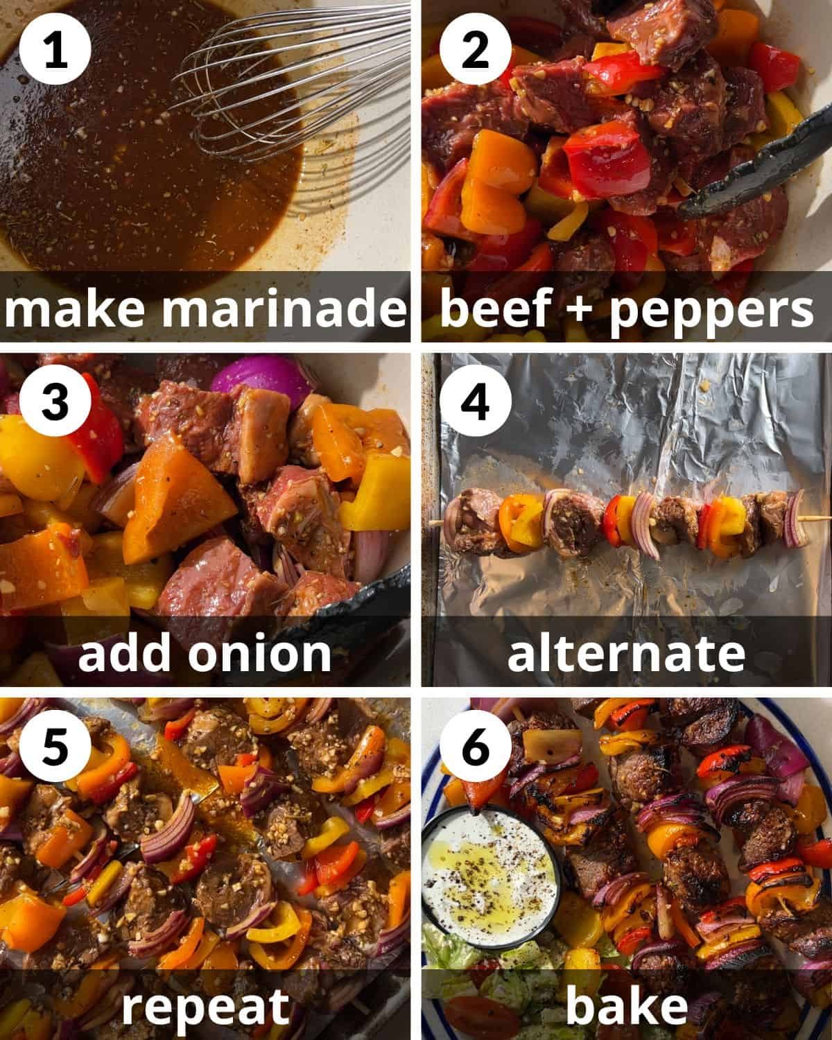 A 6 photo collage showing the assembly of beef kabobs in the oven.