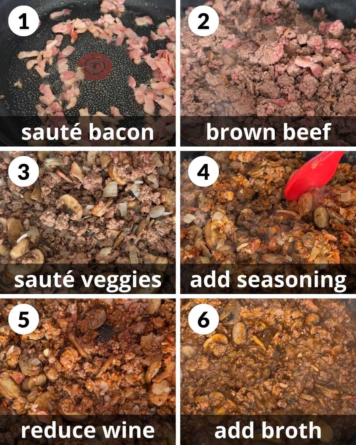 A 6 photo collage showing the beginning assembly of beef pot pie with puff pastry.