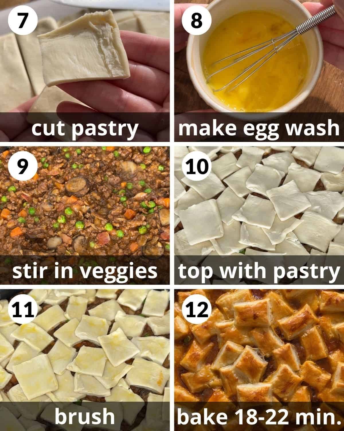 A 6 photo collage showing the final assembly of beef pot pie with puff pastry.