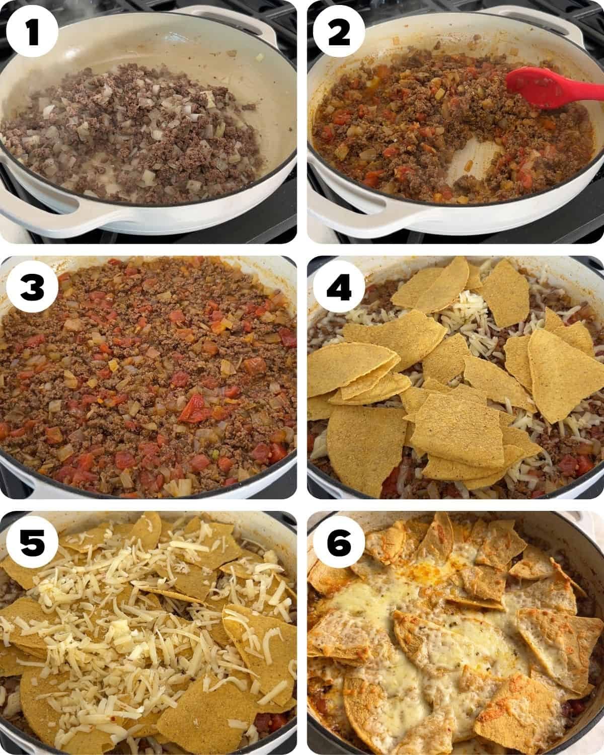 A 6 image collage showing the steps for beef taco casserole recipe.