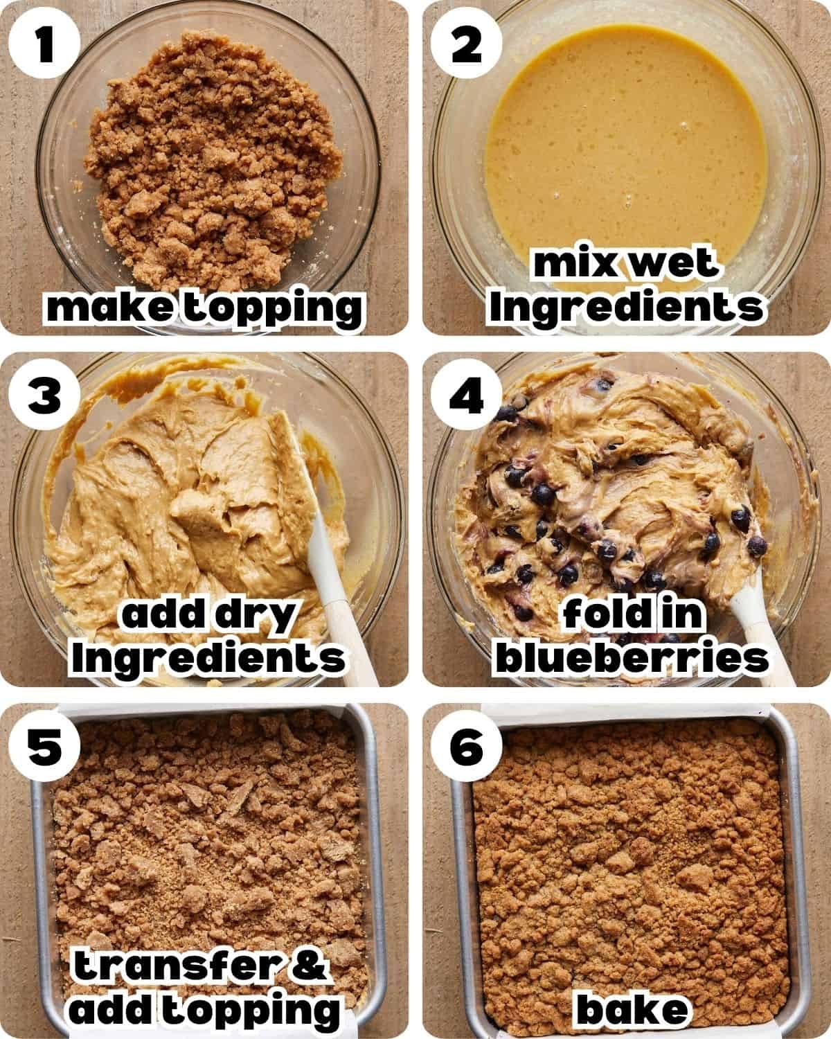 A 6 photo collage showing the steps for blueberry coffee cake recipe.