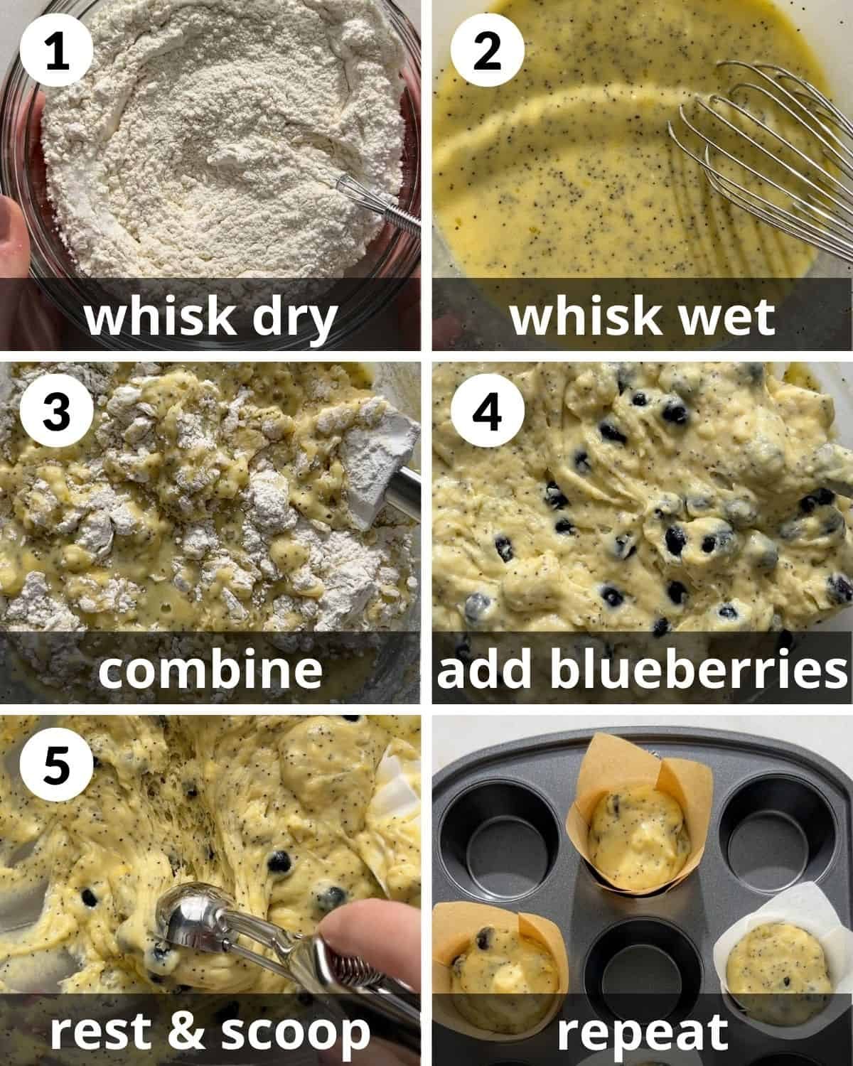 A 6 photo collage showing the assembly of blueberry lemon poppy seed muffins.