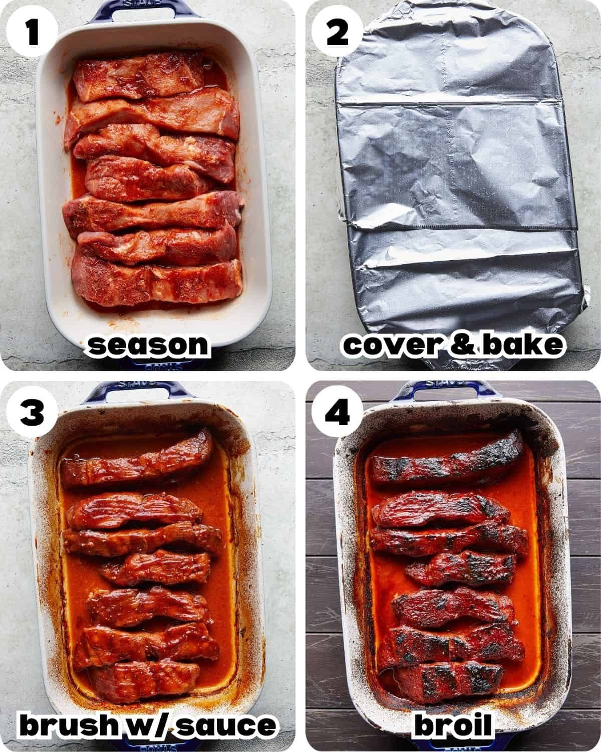 A four image collage showing the steps to make boneless pork ribs in the oven.