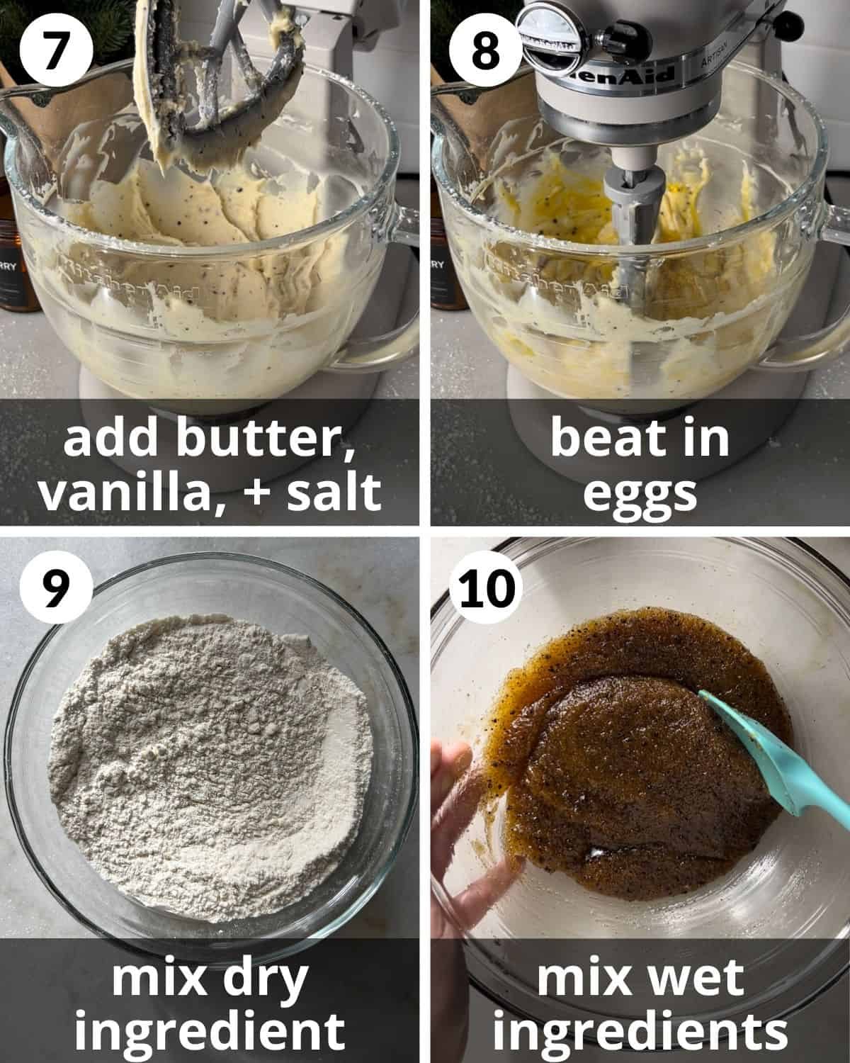 A 4 photo collage showing the mixing of ingredients for brown butter chess squares.