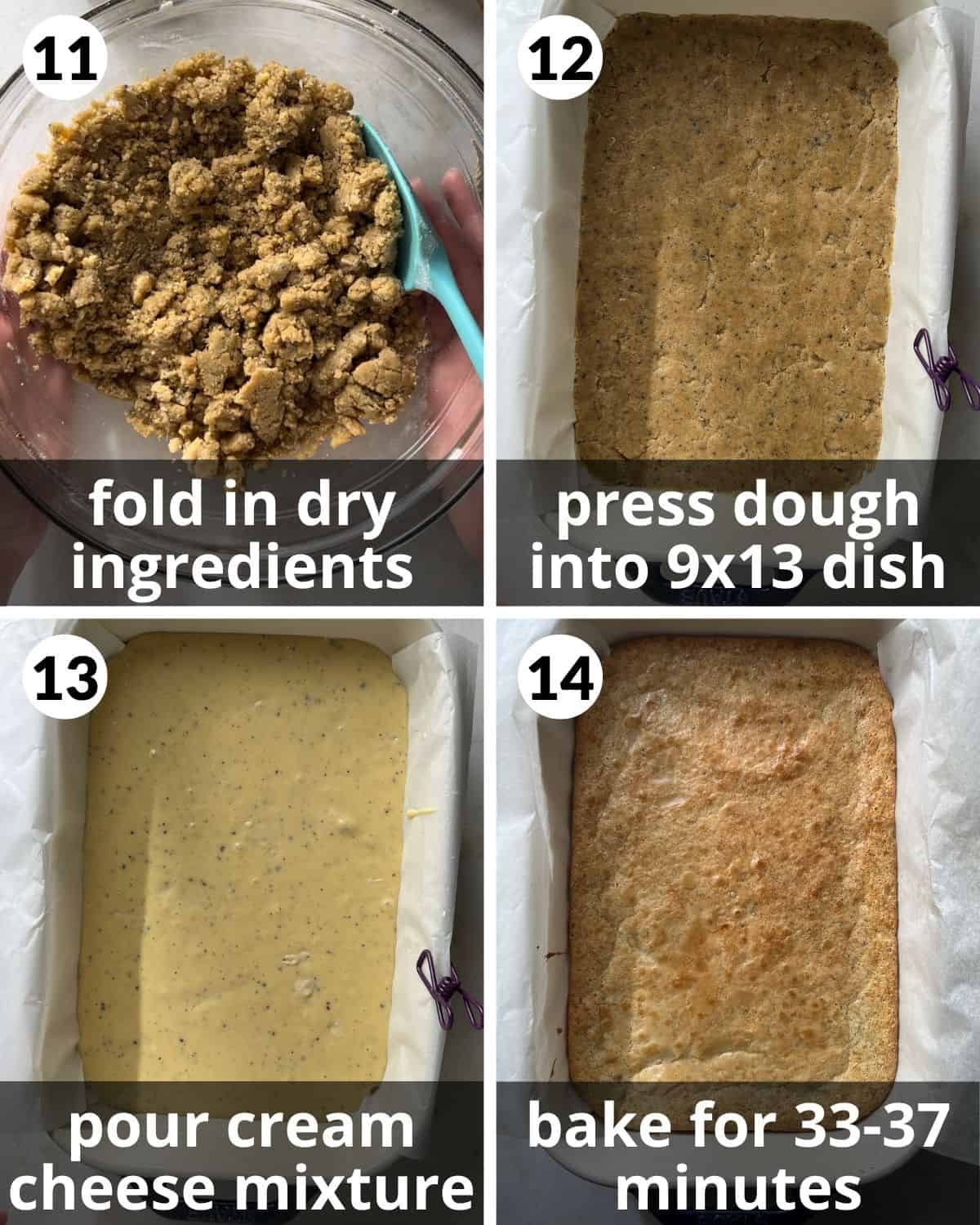 A 4 photo collage showing final steps and baking of brown butter chess square.