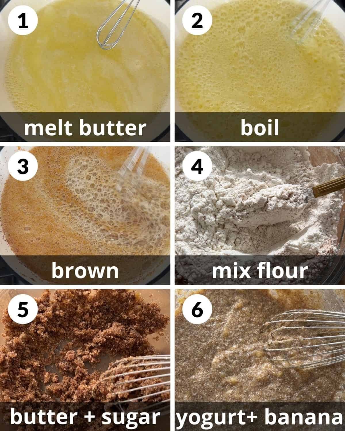 A 6 photo collage showing the beginning assembly of brown butter chocolate chip banana bread.